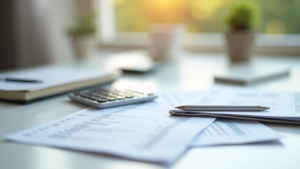 Kalkulator mit Rechnungen und Rechnungsblock auf Schreibtisch