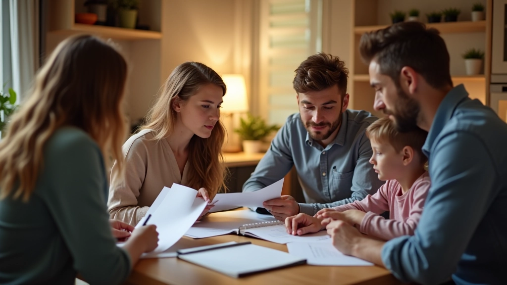 Familie plant gemeinsam ihr Haushaltsbudget mit Dokumenten und Taschenrechner