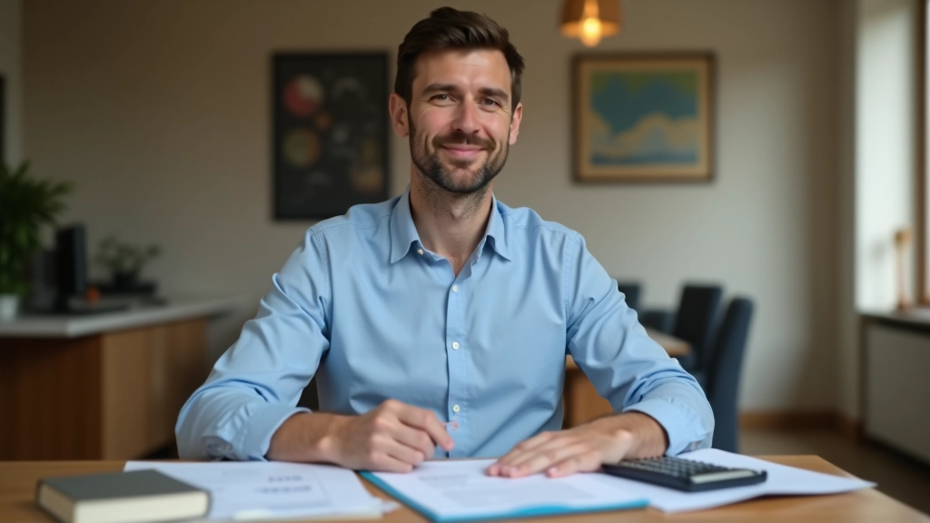 Michael Hoffmann arbeitet an Finanzplanung und Budgetoptimierung, modernes Büro mit Dokumenten und Taschenrechner, natürliche Beleuchtung