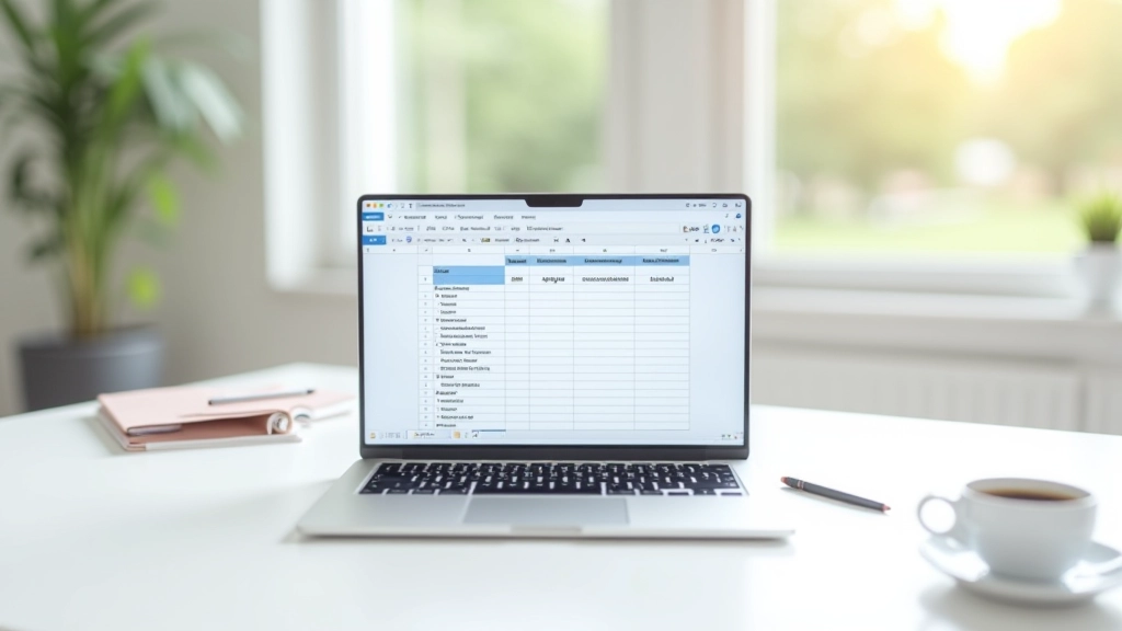 Laptop-Bildschirm mit Excel-Budgetvorlage und Diagrammen, Notizen daneben