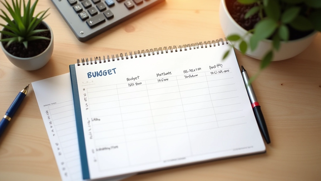 Notizbuch mit Budgetplanung und Taschenrechner auf Schreibtisch