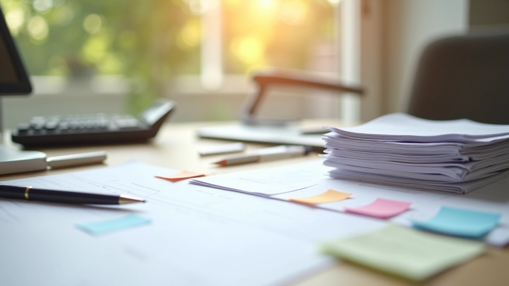 Schreibtisch mit aufgeordneten Rechnungen und farblichen Kategorien für Budget-Übersicht