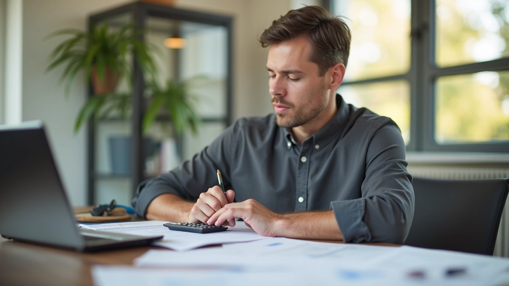 Person analysiert Ausgaben mit Taschenrechner und Notizbuch auf modernem Schreibtisch