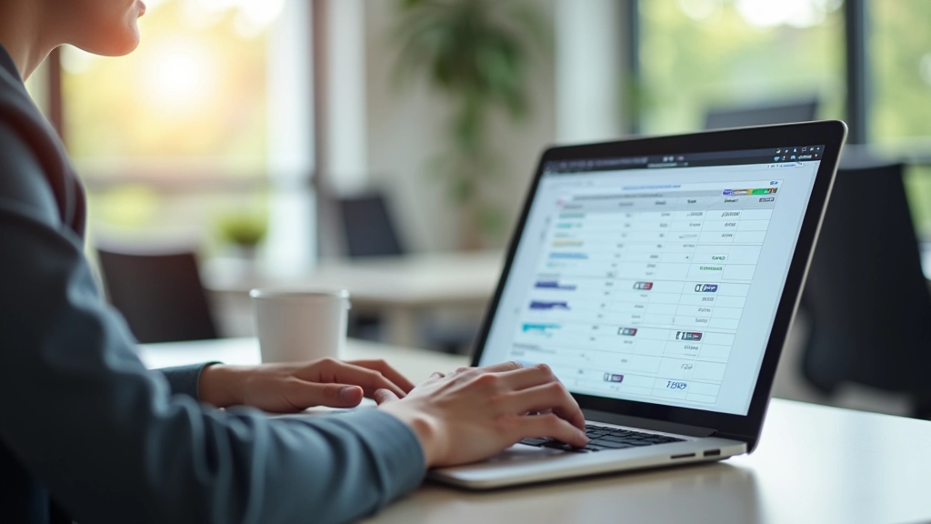Person nutzt Laptop für digitale Budgetierung mit farblichen Kategorien und Diagrammen