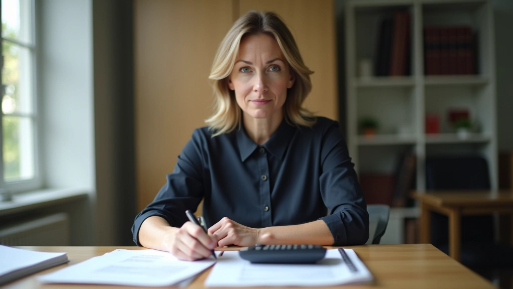 Person am Schreibtisch mit Finanzunterlagen und Taschenrechner, arbeitet an Budgetplanung